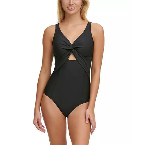 DKNY Black Peek-A-Boo Twist One Piece Swimsuit Size 10 NWT - Picture 1 of 5